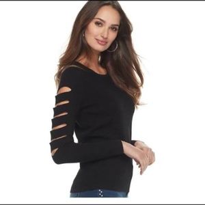 Jennifer Lopez Cutout Sleeve Crewneck Sweater
